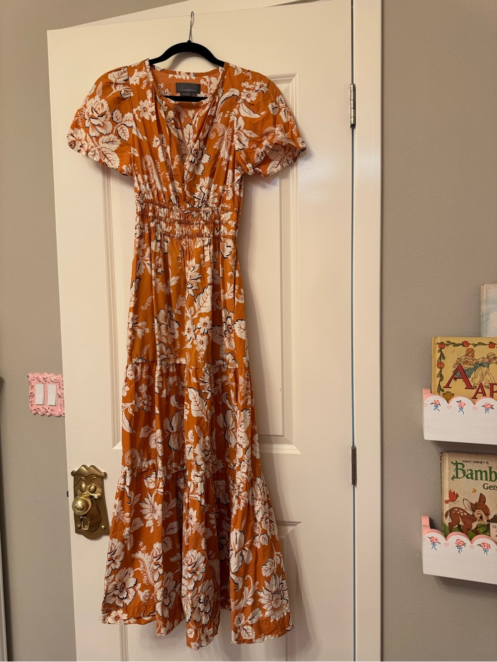 Maeve by Anthropologie Somerset Orange Floral Maxi Dress with Smocked Waist